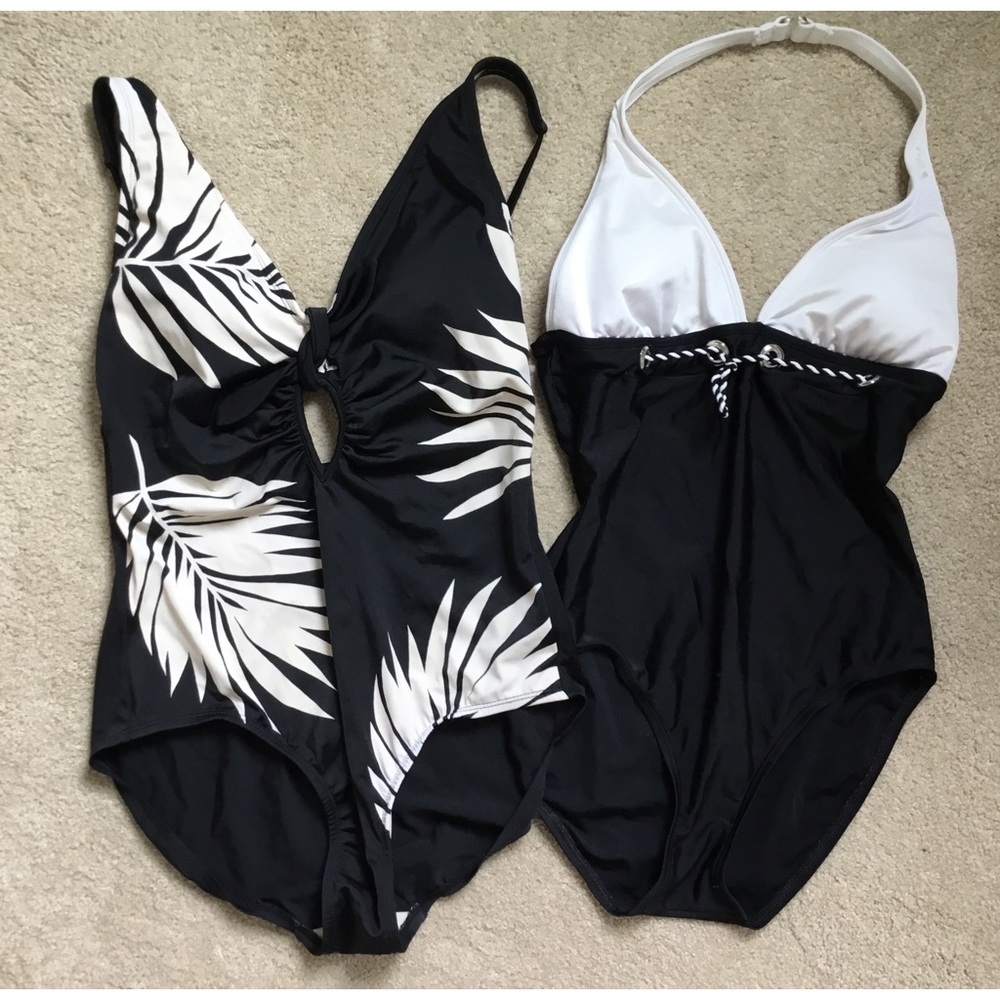 Lot of 2 One Piece Swimsuits, Apt 9 & Kona Sol, Black & White, Sizes 10 & L